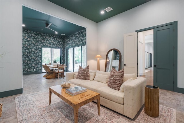 living room featuring ceiling fan