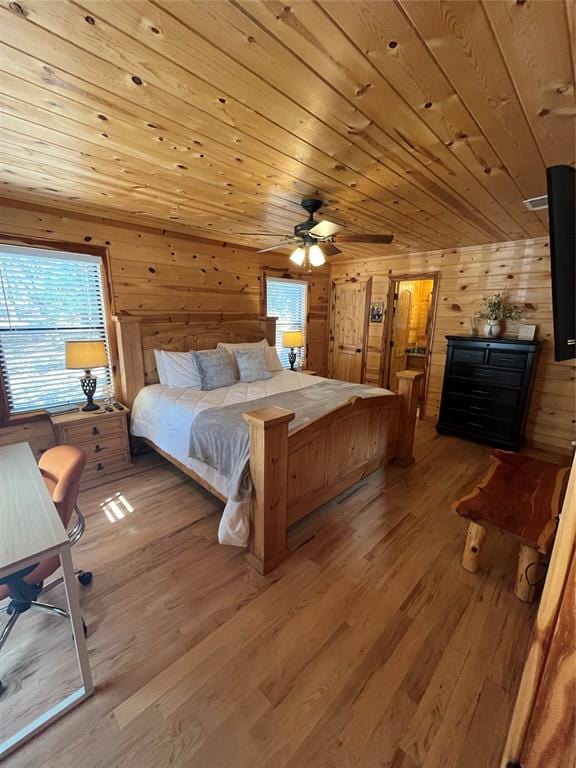 bedroom featuring ceiling fan, wood walls, wood ceiling, and light hardwood / wood-style flooring