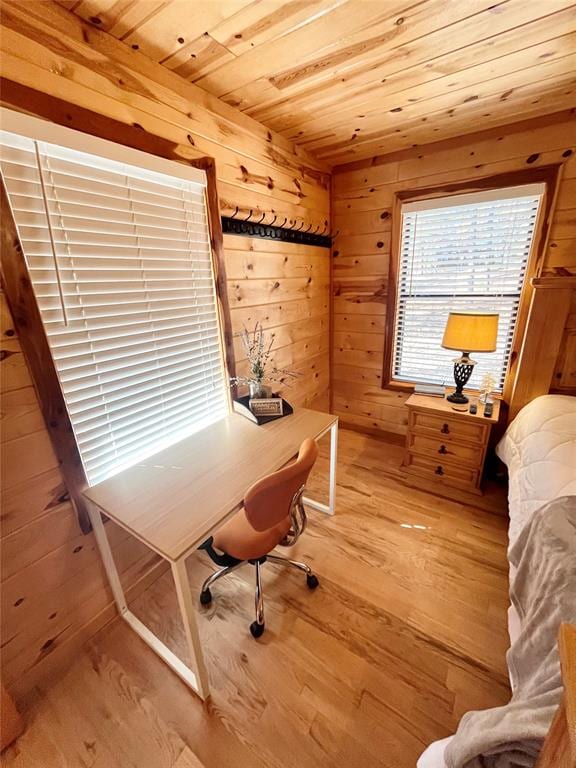 home office with wood ceiling, wood-type flooring, and wooden walls