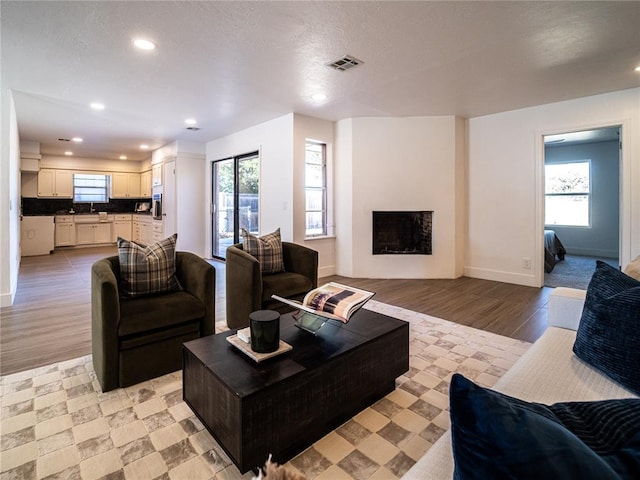 living room with a textured ceiling, light hardwood / wood-style flooring, and sink