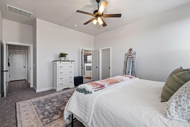 carpeted bedroom featuring ceiling fan