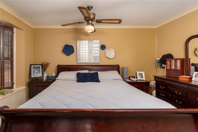 bedroom with ceiling fan and crown molding