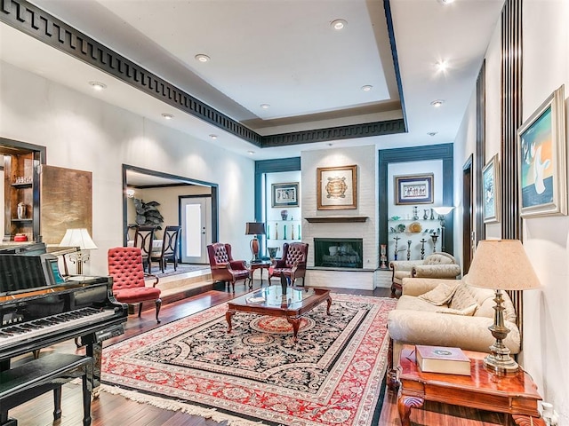 living room with hardwood / wood-style flooring, a large fireplace, and a tray ceiling