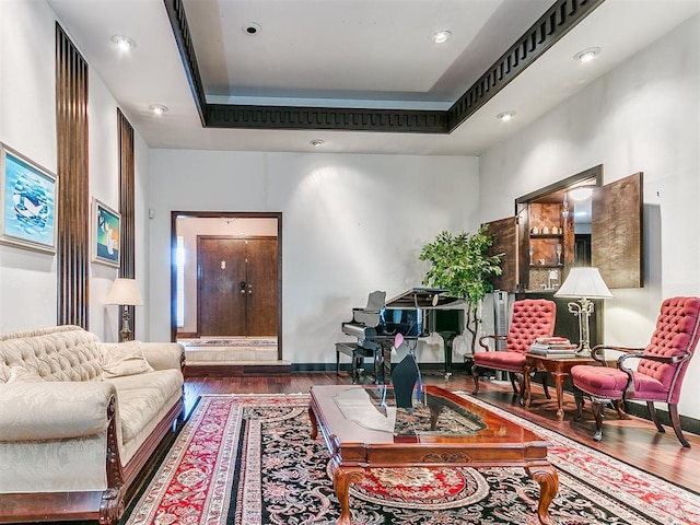 living room featuring hardwood / wood-style flooring and a tray ceiling