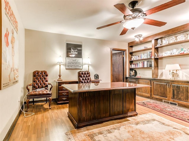 office space featuring ceiling fan and light wood-type flooring