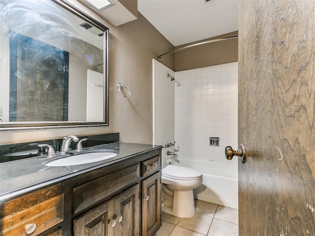 full bathroom featuring toilet, vanity, tile patterned floors, and tiled shower / bath