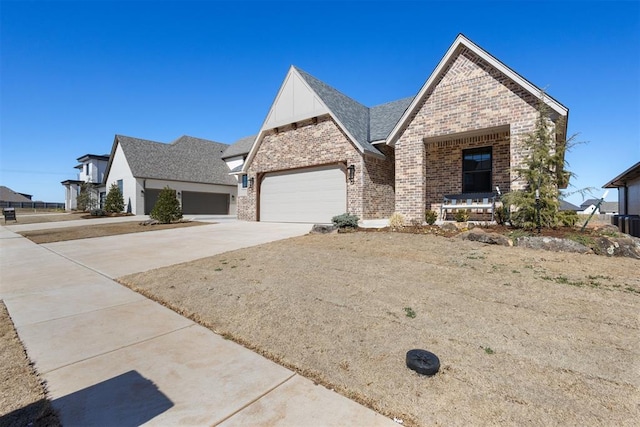 view of front of property with a porch, roof with shingles, concrete driveway, an attached garage, and brick siding