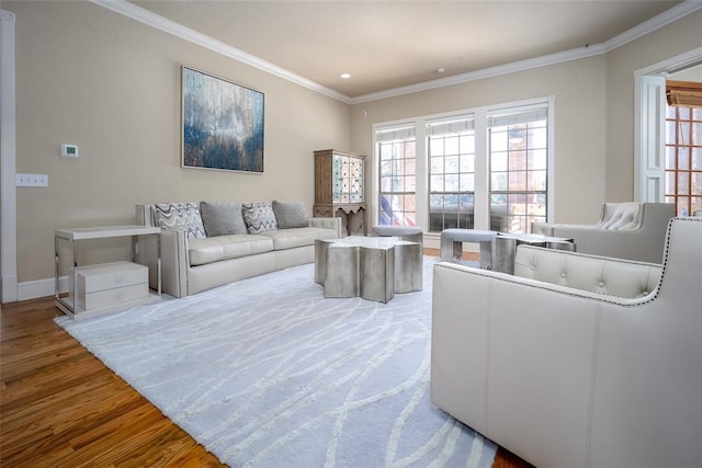 living room with hardwood / wood-style flooring and crown molding