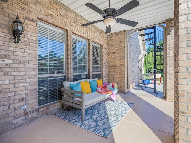 view of patio with ceiling fan and an outdoor hangout area