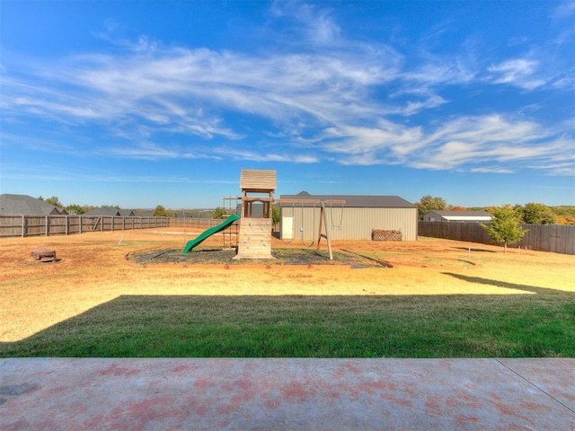 view of jungle gym with a lawn