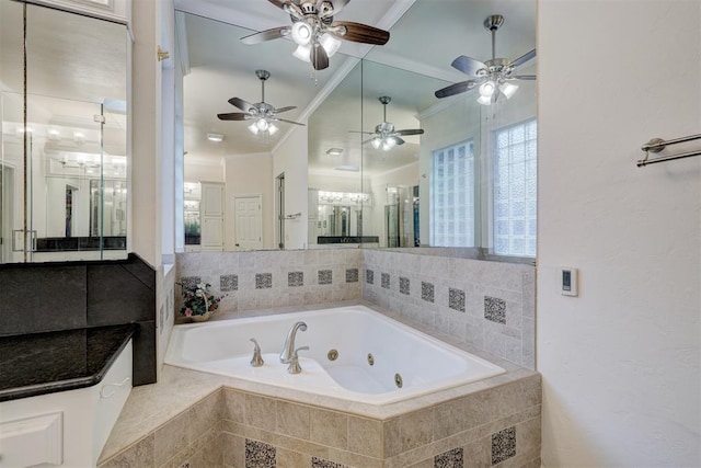 bathroom featuring tiled bath and crown molding