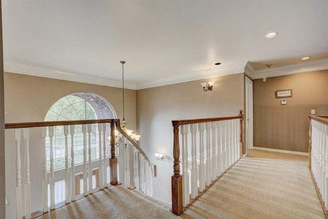 interior space featuring light colored carpet and crown molding