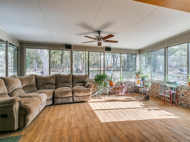 unfurnished sunroom featuring ceiling fan and a healthy amount of sunlight