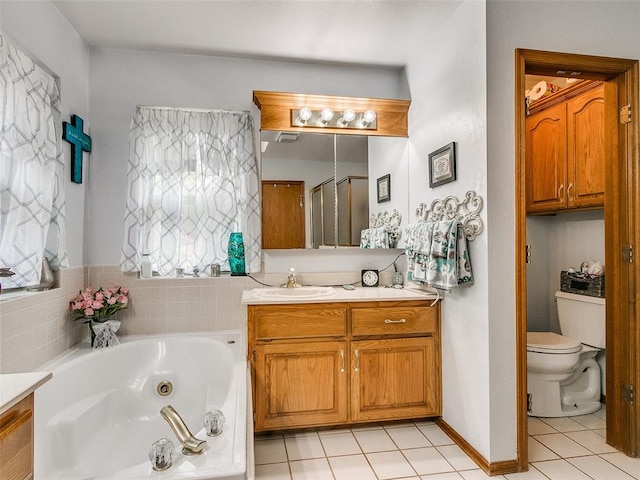 full bathroom with tile patterned flooring, vanity, toilet, and plus walk in shower