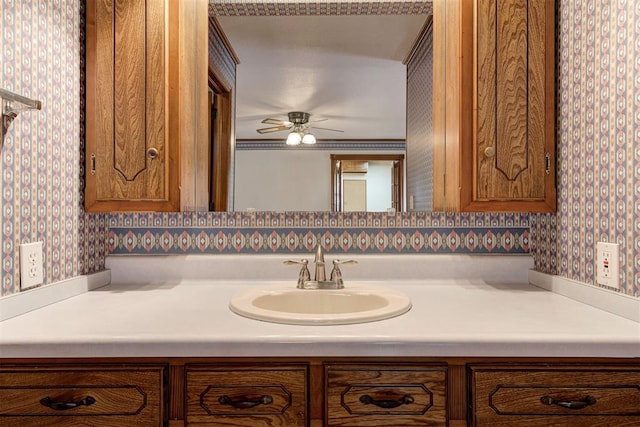 bathroom featuring vanity and ceiling fan