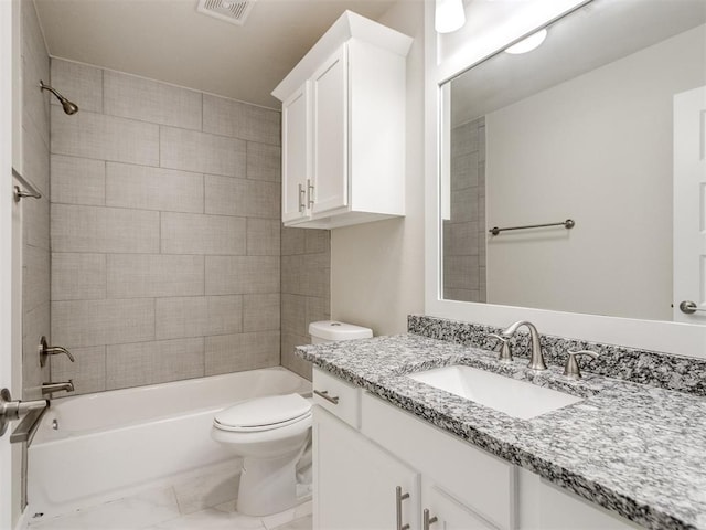 full bath featuring toilet, visible vents, tub / shower combination, and vanity