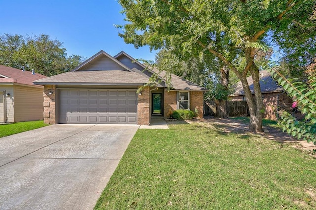 ranch-style house with a garage and a front lawn