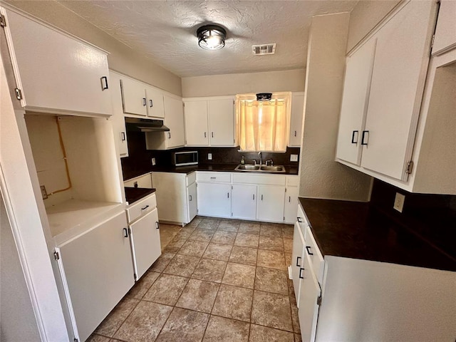 kitchen with sink, white cabinets, and a textured ceiling