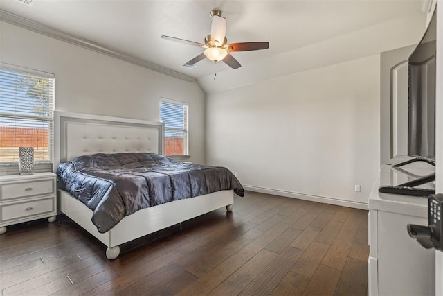 bedroom featuring multiple windows, ceiling fan, crown molding, and dark hardwood / wood-style floors