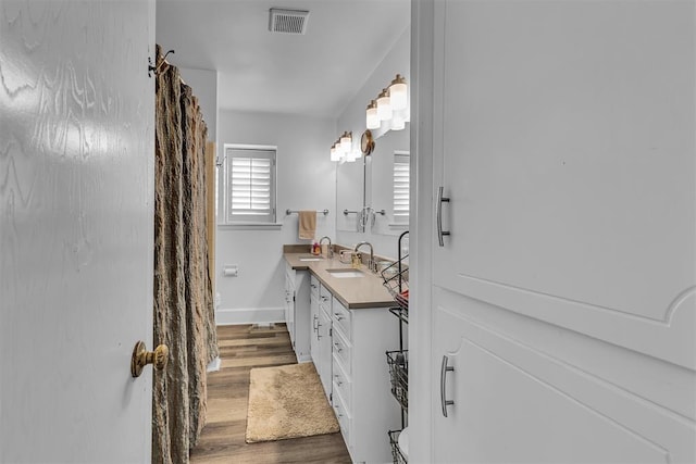 bathroom featuring vanity and hardwood / wood-style flooring