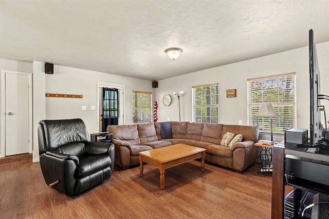 living room featuring a textured ceiling and hardwood / wood-style flooring