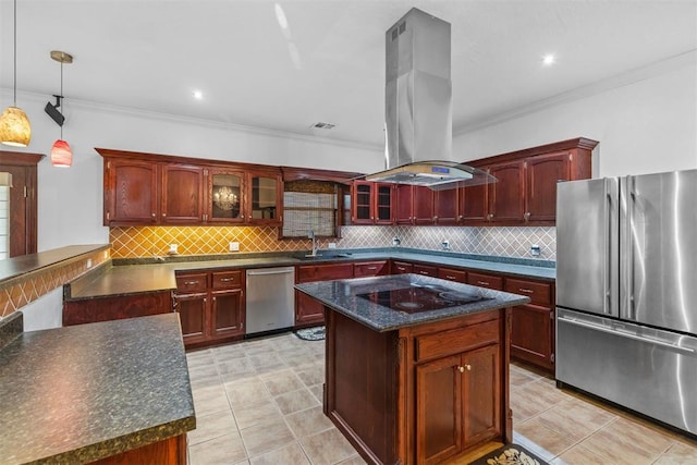 kitchen with tasteful backsplash, decorative light fixtures, a kitchen island, island exhaust hood, and stainless steel appliances