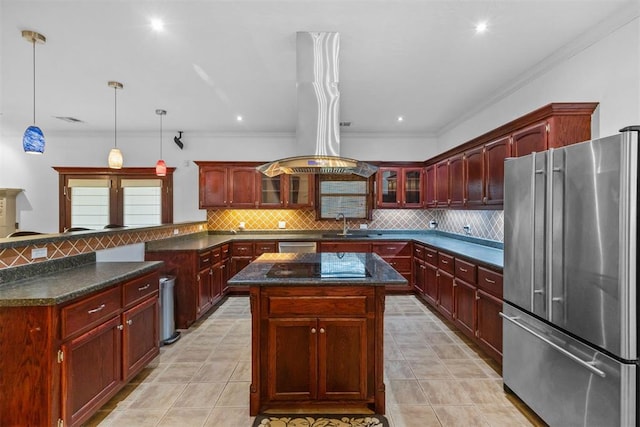 kitchen featuring hanging light fixtures, tasteful backsplash, a kitchen island, island exhaust hood, and stainless steel appliances