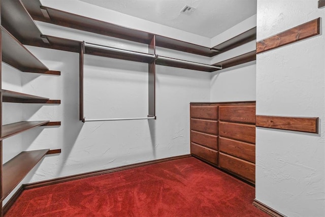 walk in closet with dark colored carpet