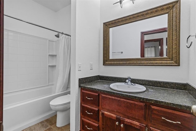 full bathroom featuring tile patterned floors, vanity, shower / tub combo, and toilet