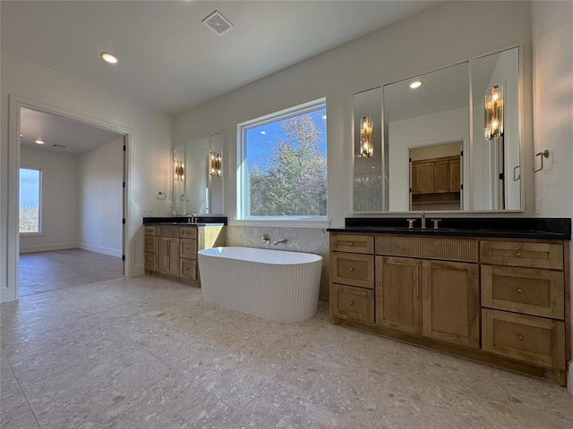 bathroom with a washtub, vanity, and a wealth of natural light