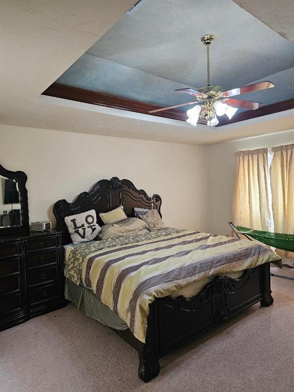 bedroom with light colored carpet, ceiling fan, and a tray ceiling