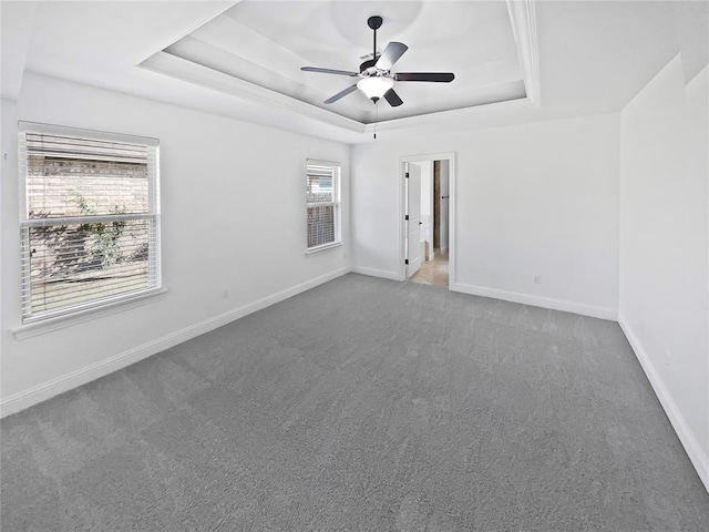 spare room featuring carpet, ceiling fan, and a tray ceiling