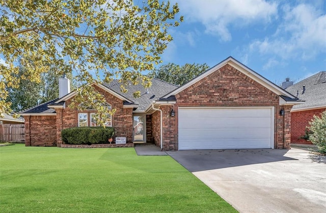 516 S Quail Run, Altus, OK 73521 - view of front of property with a chimney, brick siding, concrete driveway, a garage, and a front lawn
