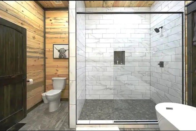 bathroom featuring wood walls, toilet, wooden ceiling, and independent shower and bath