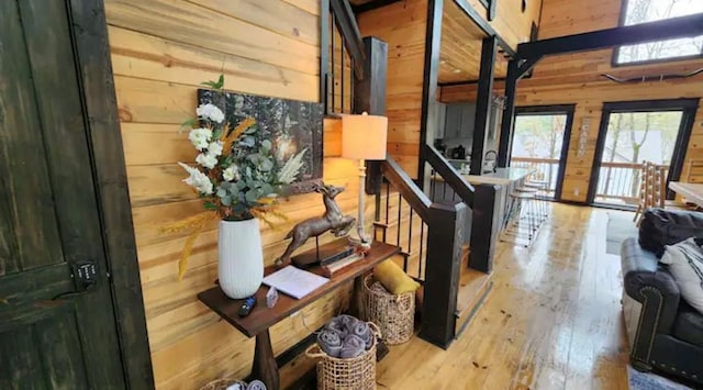 staircase featuring hardwood / wood-style floors and wooden walls