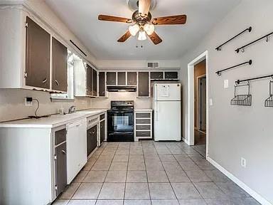 kitchen with light tile patterned floors, white appliances, ceiling fan, and range hood