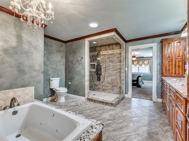 full bathroom with vanity, toilet, ornamental molding, independent shower and bath, and a chandelier