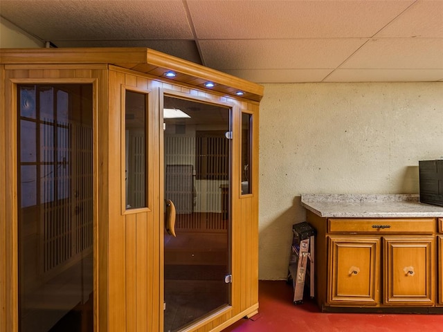 view of sauna / steam room featuring carpet flooring