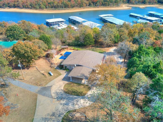 drone / aerial view featuring a water view