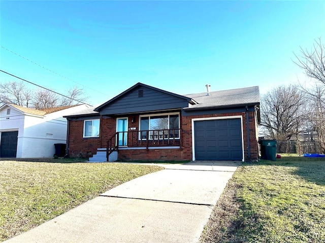 ranch-style house featuring brick siding, an attached garage, concrete driveway, and a front yard