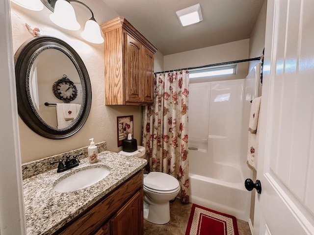 full bathroom featuring vanity, tile patterned flooring, shower / bathtub combination with curtain, and toilet