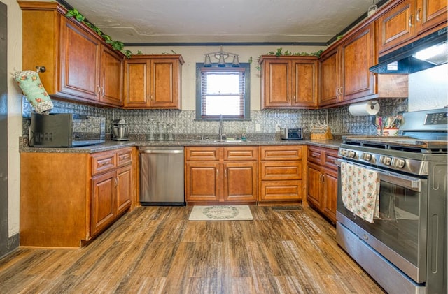 kitchen with sink, tasteful backsplash, range hood, appliances with stainless steel finishes, and dark hardwood / wood-style flooring