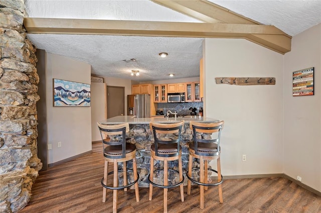 kitchen featuring sink, dark hardwood / wood-style floors, lofted ceiling, decorative backsplash, and appliances with stainless steel finishes