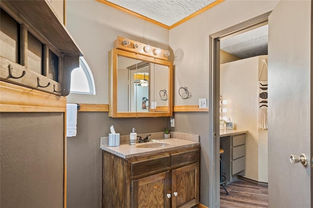 bathroom featuring vanity, wood-type flooring, and a textured ceiling