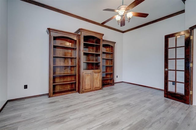 interior space with ceiling fan, french doors, crown molding, and light hardwood / wood-style flooring