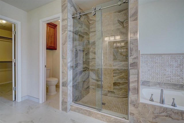 bathroom with shower with separate bathtub and toilet