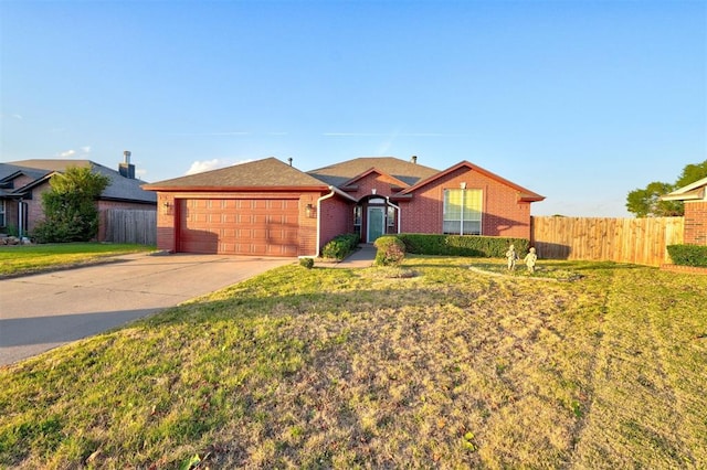 ranch-style house with an attached garage, brick siding, fence, concrete driveway, and a front lawn