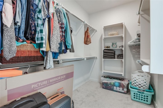 spacious closet featuring light colored carpet