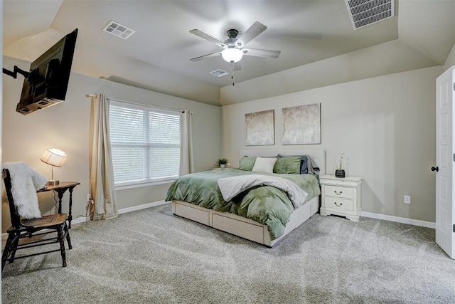 carpeted bedroom featuring vaulted ceiling and ceiling fan