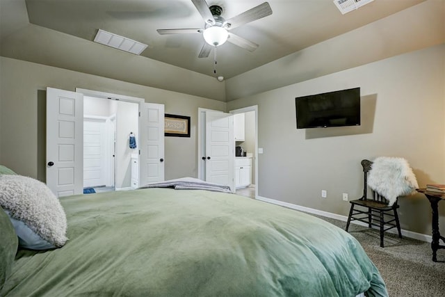 bedroom with ceiling fan and light carpet